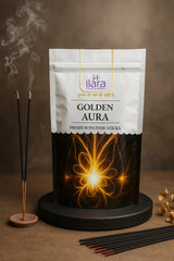 ILARA Golden Aura Premium Incense Sticks | Rich & Luxurious Long-Lasting Fragrance | Aromatic Agarbatti for Pooja, Meditation, Yoga & Home Fragrance | Premium Incense Sticks Pouch