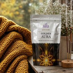 ILARA Golden Aura Premium Incense Sticks | Rich & Luxurious Long-Lasting Fragrance | Aromatic Agarbatti for Pooja, Meditation, Yoga & Home Fragrance | Premium Incense Sticks Pouch