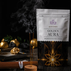 ILARA Golden Aura Premium Incense Sticks | Rich & Luxurious Long-Lasting Fragrance | Aromatic Agarbatti for Pooja, Meditation, Yoga & Home Fragrance | Premium Incense Sticks Pouch
