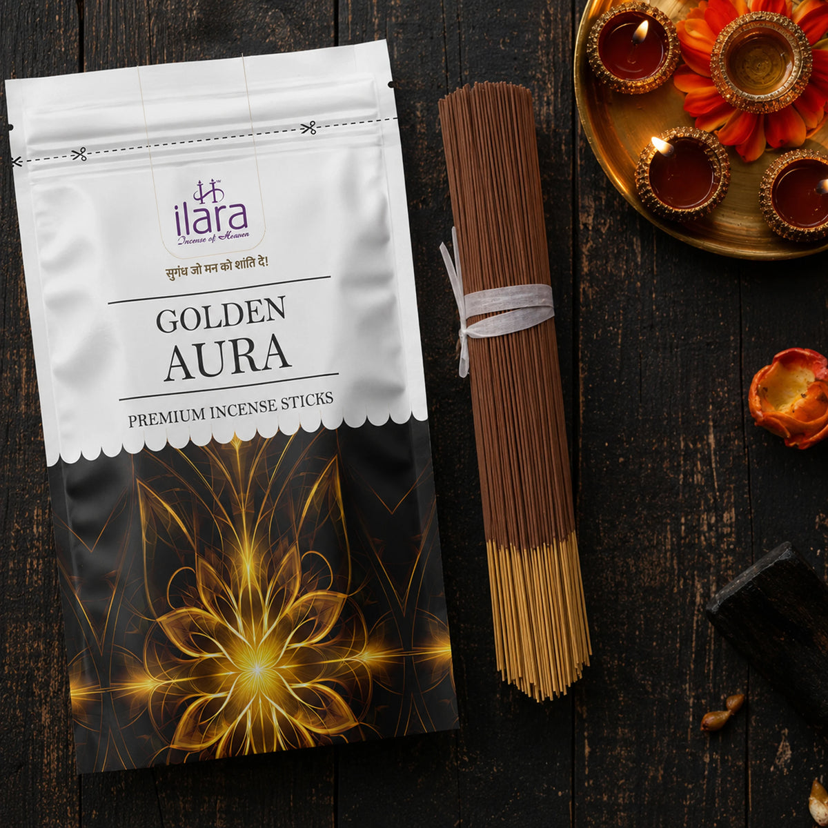 ILARA Golden Aura Premium Incense Sticks | Rich & Luxurious Long-Lasting Fragrance | Aromatic Agarbatti for Pooja, Meditation, Yoga & Home Fragrance | Premium Incense Sticks Pouch